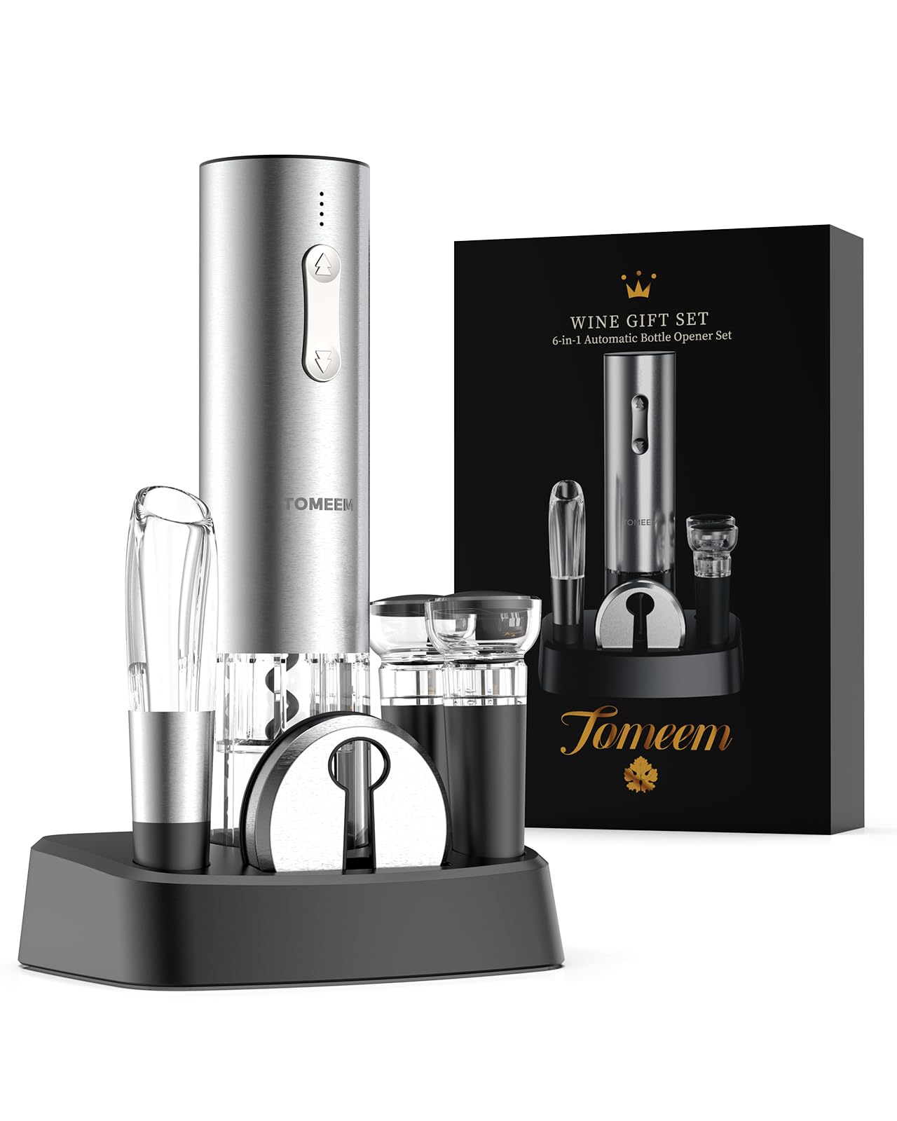 Rechargeable Electric Wine Gift Set - Aerator, Vacuum Stoppers, Foil Cutter and Bottle Opener for Home Bar and Outdoor Parties (Silver, Wine Opener Set)