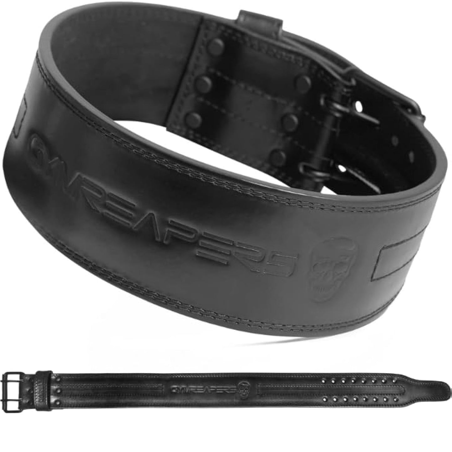 Gymreapers Weightlifting Belt 6MM Genuine Leather - Double Prong Power Belt Heavy Duty 4-Inch Wide - Strong, Stabilizing Back Support for Deadlifts, Squats Powerlifting (Black, Medium)