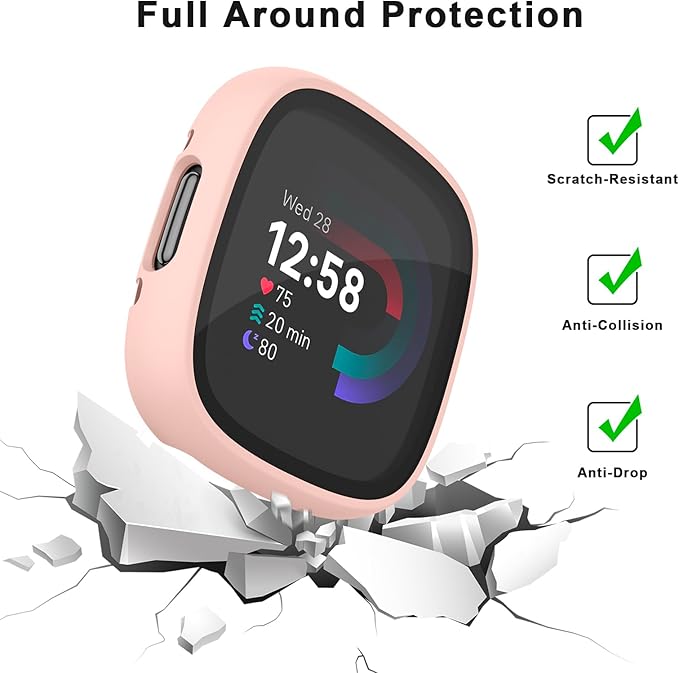 Vancle Case for Fitbit Versa 4 / Fitbit Sense 2, 4-Pack Screen Protector Tempered Glass Full Around Hard PC Case with Sensitive Touch Film Protective for Fitbit Sense 2 / Versa 4(Transparent + Starlight + Pink + Rose Gold)