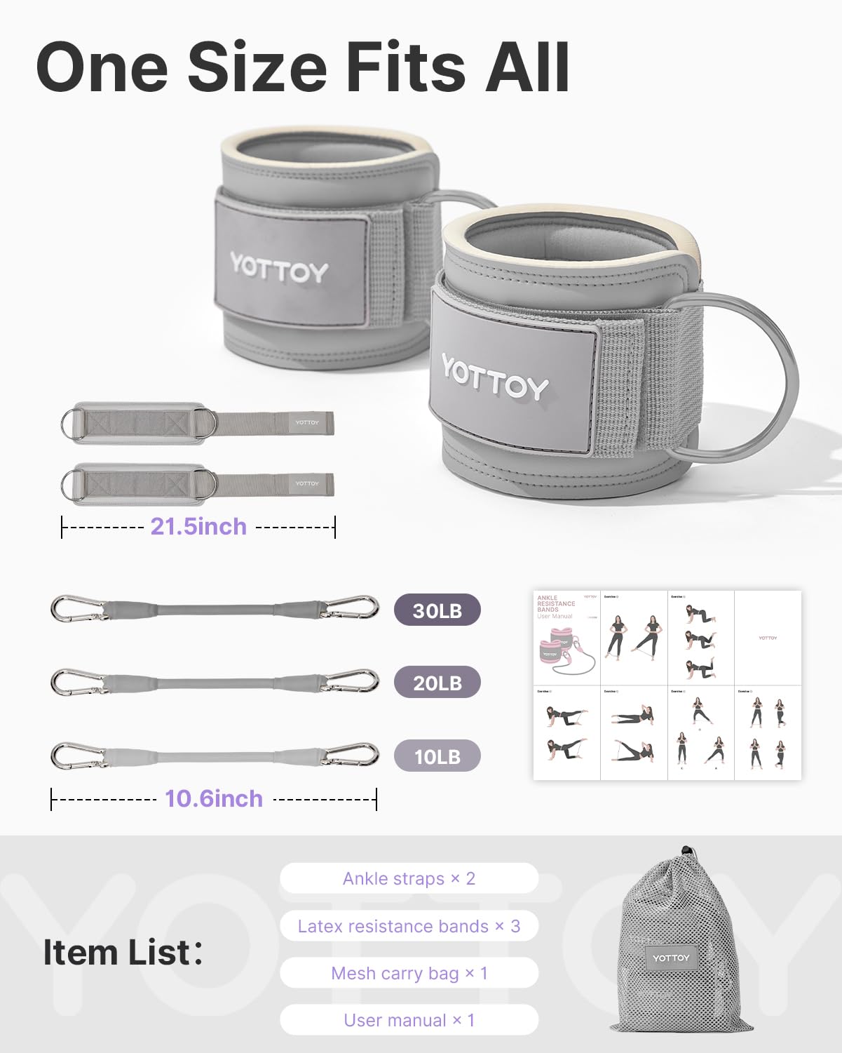 YOTTOY Ankle Resistance Bands with Cuffs, Adjustable Ankle Straps for Leg & Glute Workout, Butt Exercise Bands for Cable Machines Women, Perfect for Hip Fitness & Booty Training (Grey)