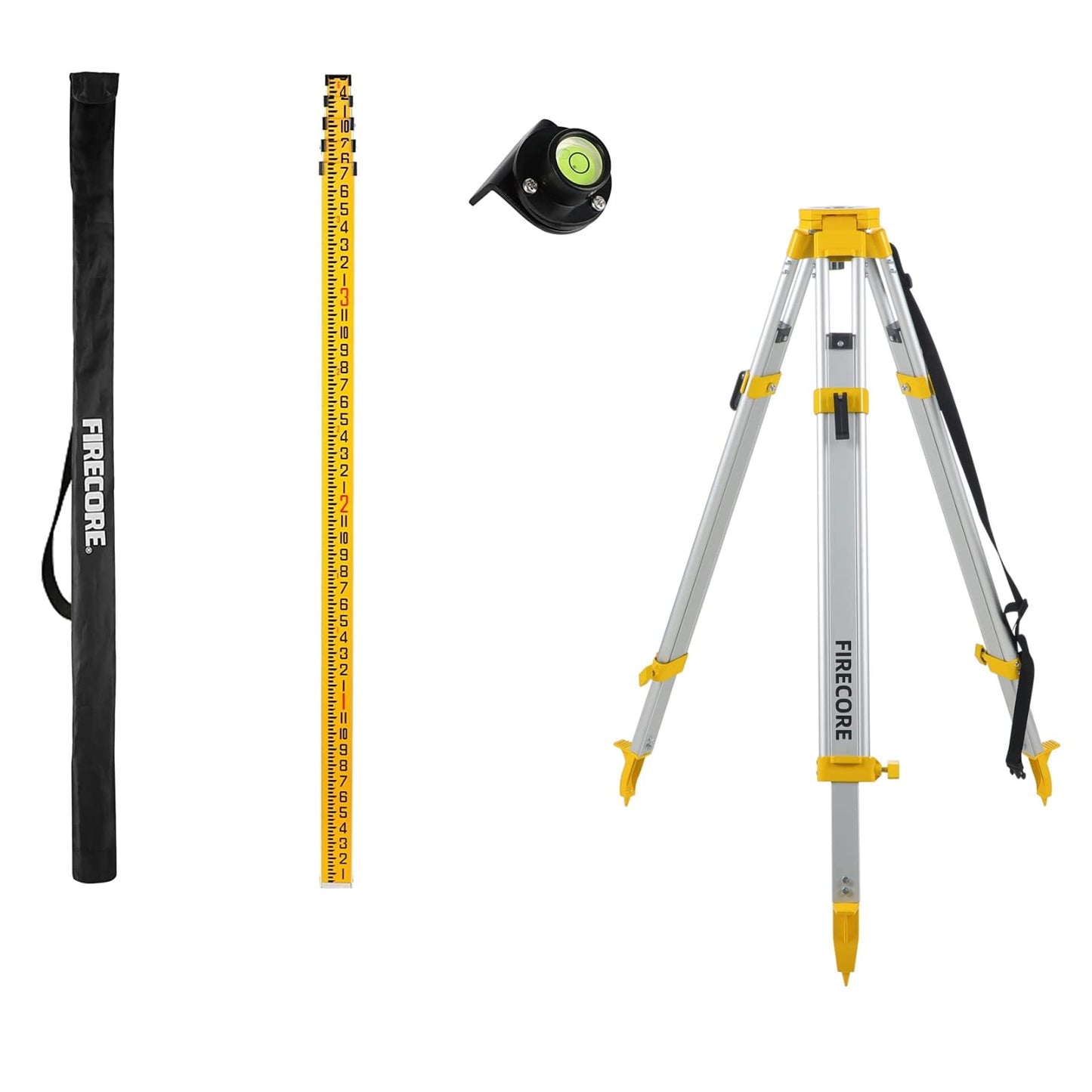 Firecore 16 Ft Aluminum Construction Grade Rod & Heavy Duty Aluminum Survey Tripod with 5/8" - 11 Thread Flat Head Quick Clamp