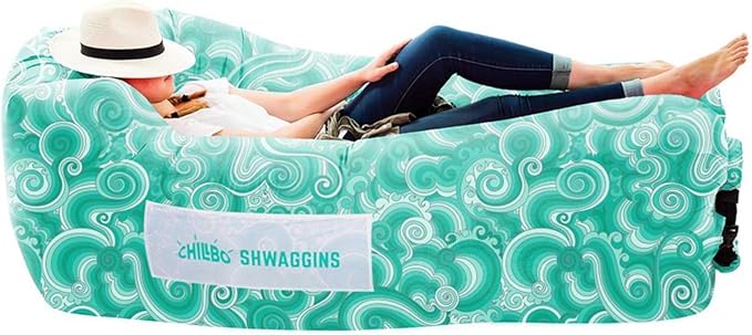 Chillbo Shwaggins Inflatable Couch – No-Pump Setup, Ripstop Polyester, Stability Pegs, Fun Prints, Portable Air Lounger for Beach, Camping, Festivals, and Tailgating - Green Wave