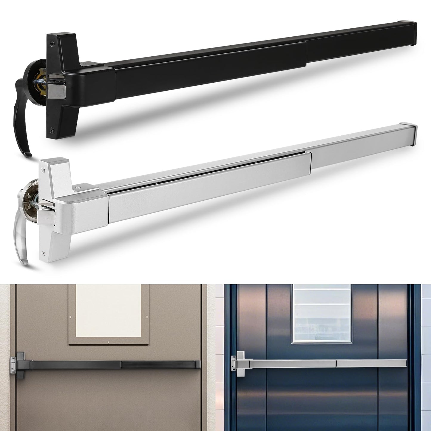IRONWALLS 41” Commercial Door Push Bar Panic Exit Device with Exterior Door Lever, Heavy Duty Stainless Steel Panic Bar Door Lock for 41”-53” Emergency Exit Doors, Black & Silver