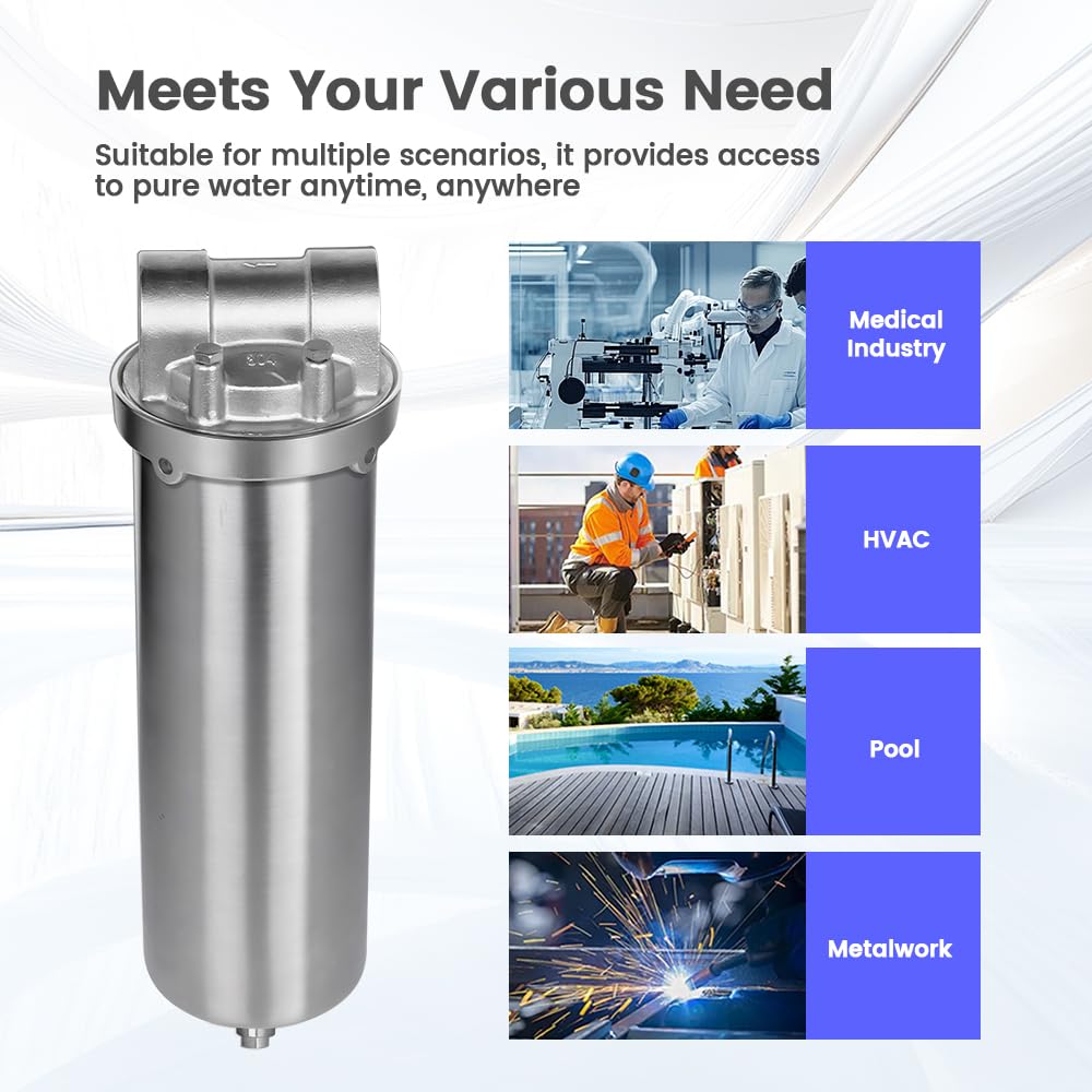 Amwater NSF/ANSI 42 Certification Stainless Steel Filter Housing for 10" Filter Cartridge, 1" NPT Water Filter Housing, Drain Valve Style C (Square Head)