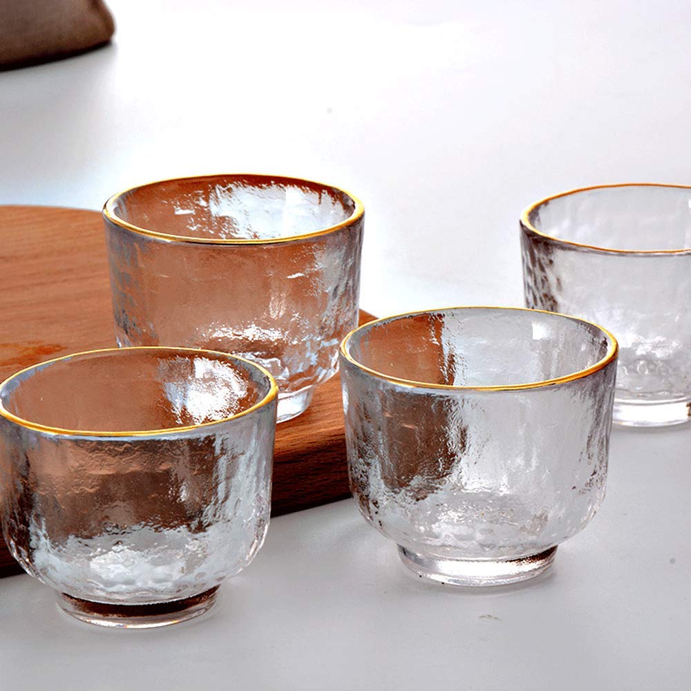 BOLLAER Sake Pot Set, Japanese Cold Sake Glasses, Clear Unique Trendy Floating Design, 1 Sake Carafe Bottle 1 Sake Tank and 4 Saki Cups for Cold/Warm/Hot Sake, Birthday Housewarming Gift Set