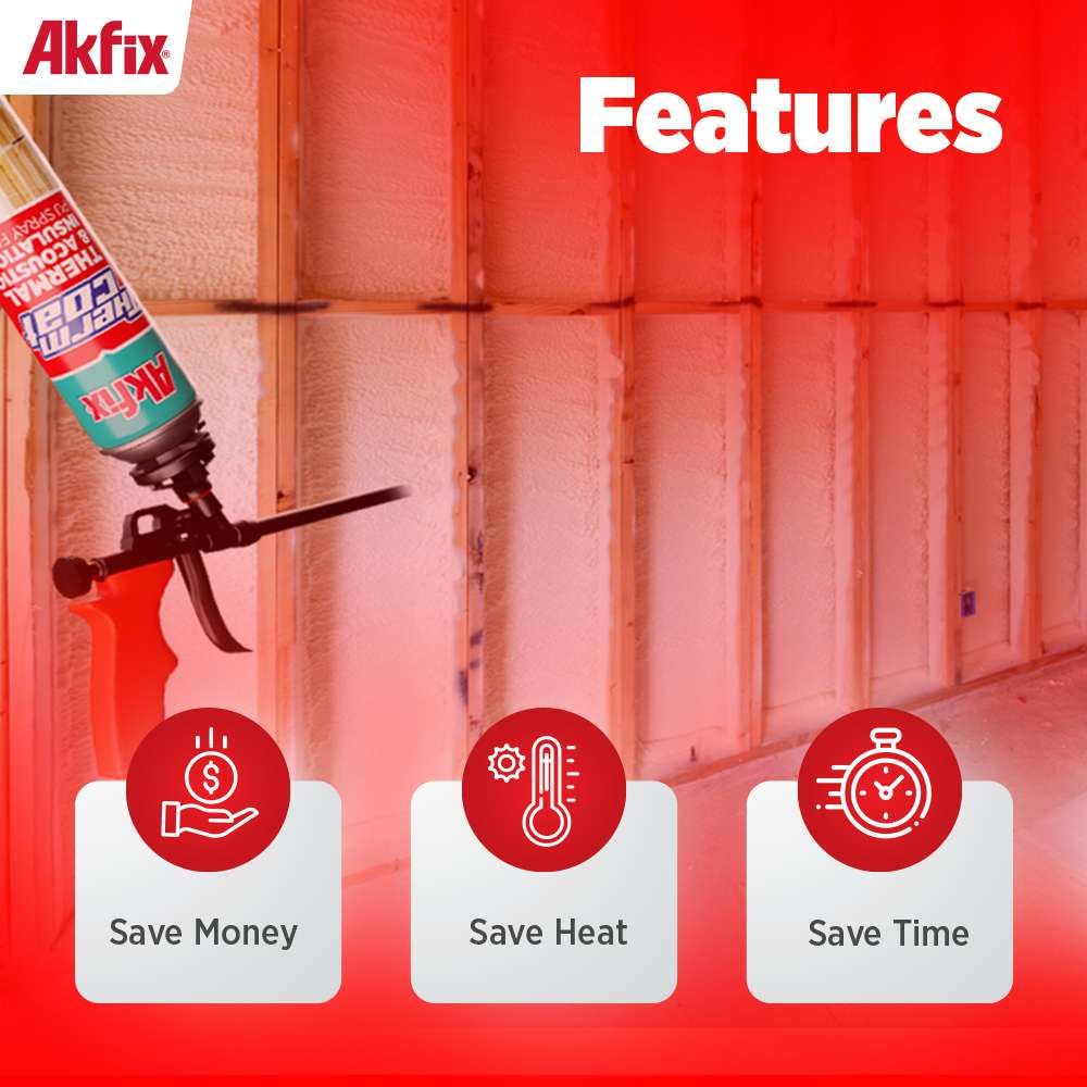 Akfix Thermcoat Fire Rated Spray Foam Insulation Kit 240 sq ft (12x27.1 oz.) - (R-Value 11.32/2 in) Closed Cell Expanding Wide Sealant Thermal Insulation for Walls and Attic - Gun & Cleaner Included