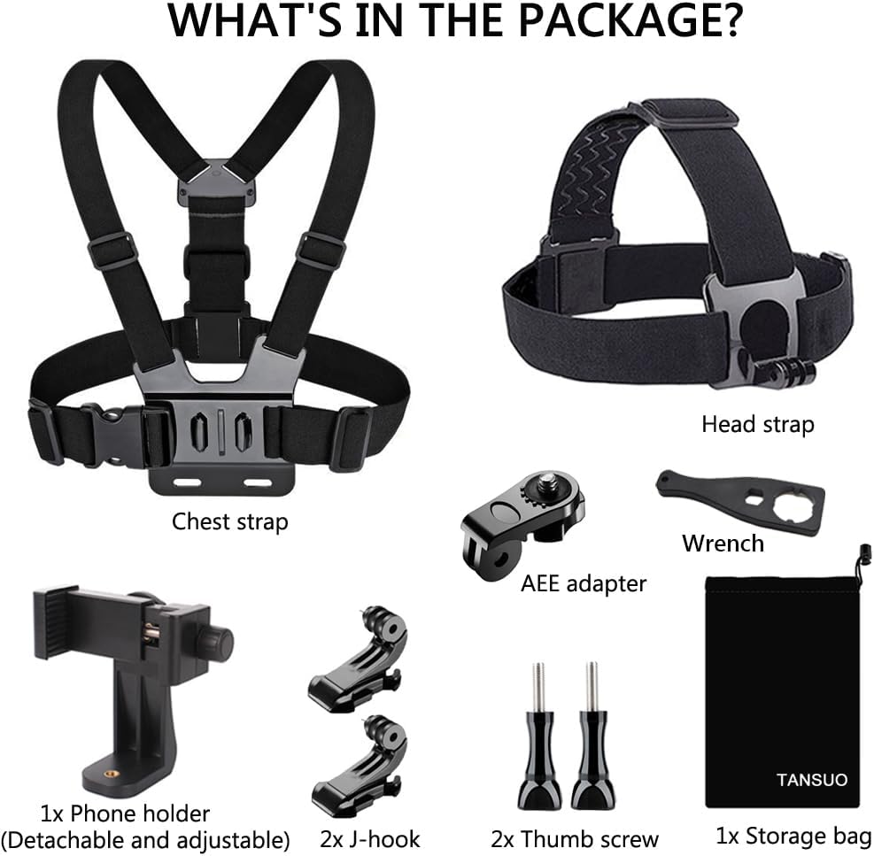 TANSUO Chest Mount Strap Harness Head Strap, Quick Release Chesty Body Mount with Phone Clip, Head Strap+Chest Strap