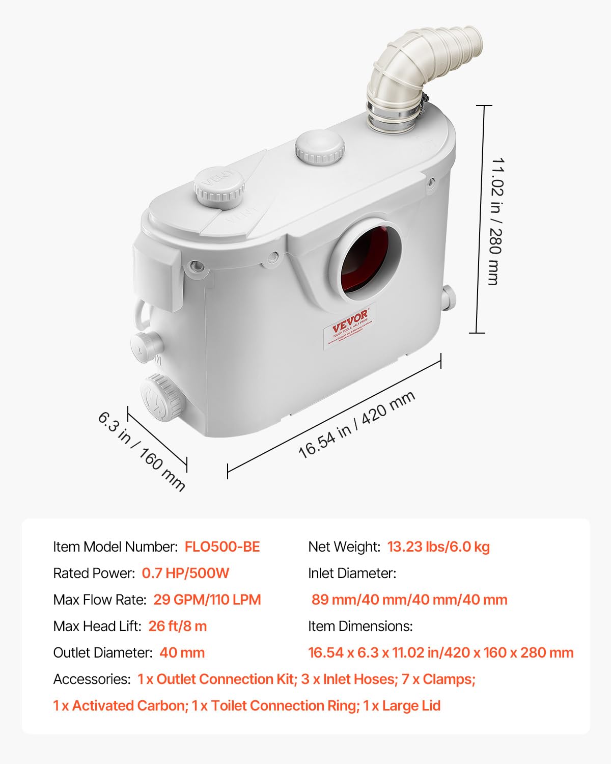 VEVOR 500W Macerator Pump, 29 GPM Flow, 26 ft/8 m Head, Macerator Sewerage Toilet Pump with 4 Water Inlets, Waste Water Disposal Upflush Machine for Toilet, Basement, Shower, Sink, Laundry, Bathtub