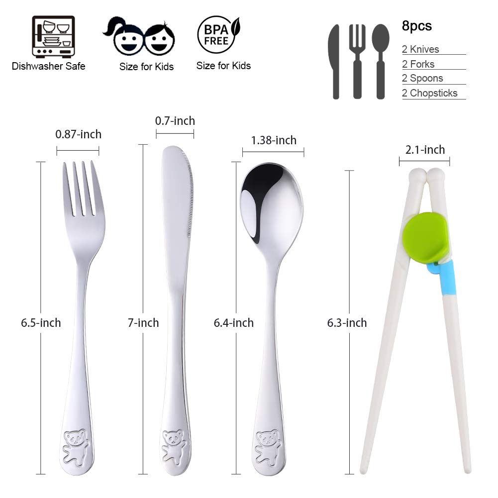 Poylim Stainless Steel Kids Utensils with Training Chopsticks | Toddler Silverware | Kids Silverware | Spoon + Fork + Knife + Chopsticks set | 4-12 Years+ | 8 Pieces | Dishwasher Safe