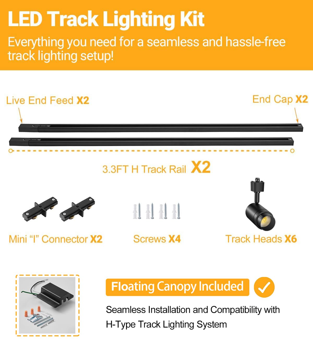 TuyuBEE 5 Color Zoomable 6-Light LED Track Lighting Kit with 6.6FT H Track Lighting Rail & Floating Canopy Connector, Modern Kitchen Track Lighting Fixtures Ceiling Spotlight, 12W Track Heads Black