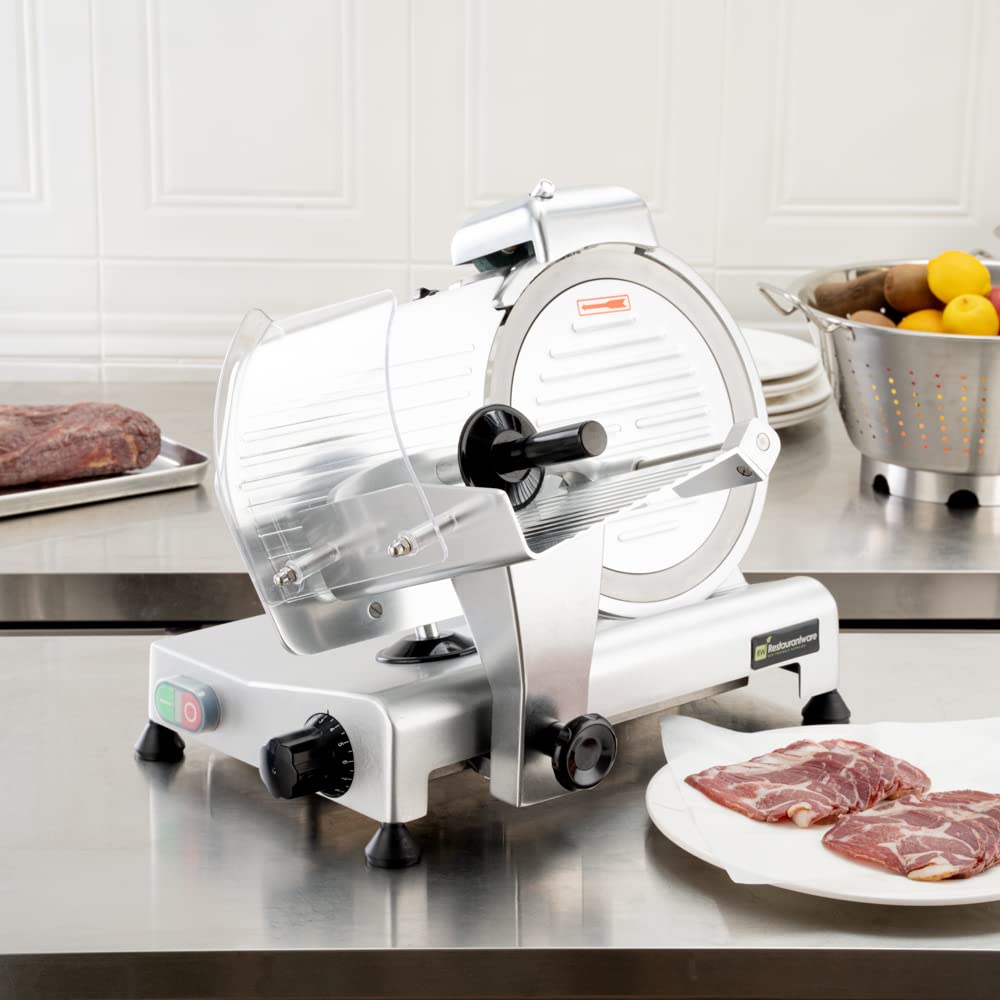 Restaurantware Bio Tek Meat Slicer 1 Adjustable Slice Size Manual Slicer - 320W Operation 0.25 Horsepower Stainless Steel Deli Slicer Built-In Sharpener Fixed Ring Guard