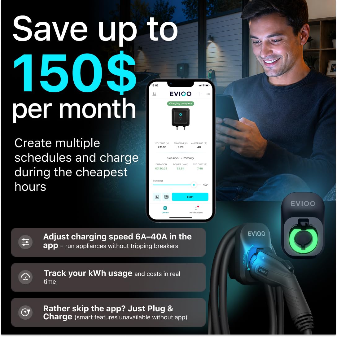 EVIQO Level 2 EV Charger, 40 Amp 240V, J1772 for Non-Tesla EVs, 25ft Cable, WiFi (2.4GHz) Smart App, Weatherproof Indoor/Outdoor (IP66, NEMA 4), UL & ETL Certified, NEMA 14-50 Plug-in, 9.6kW