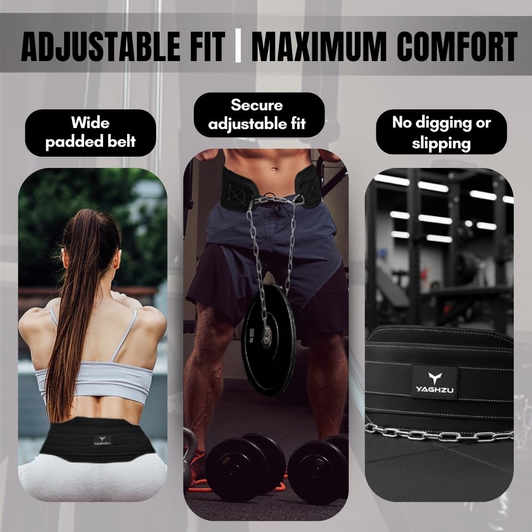 YAGHZU Dip Belt with Chain – Weighted Pull Up Belt, Dip Weight Belt, Weightlifting Belt for Pullups, Squats, and Dips, Belt Squat Attachment Ideal Weight Belt for Pullups, Weightlifting, and Gym Workouts (Black)
