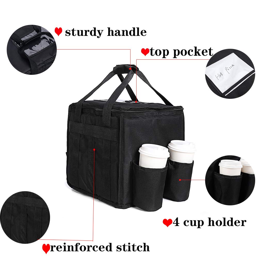 OGEFOTED Large Insulated Food Delivery Bag with Cup Holders, Foldable Pizza Delivery Bags Heavy Duty Food Warmer Grocery Bag for Camping Catering Restaurants