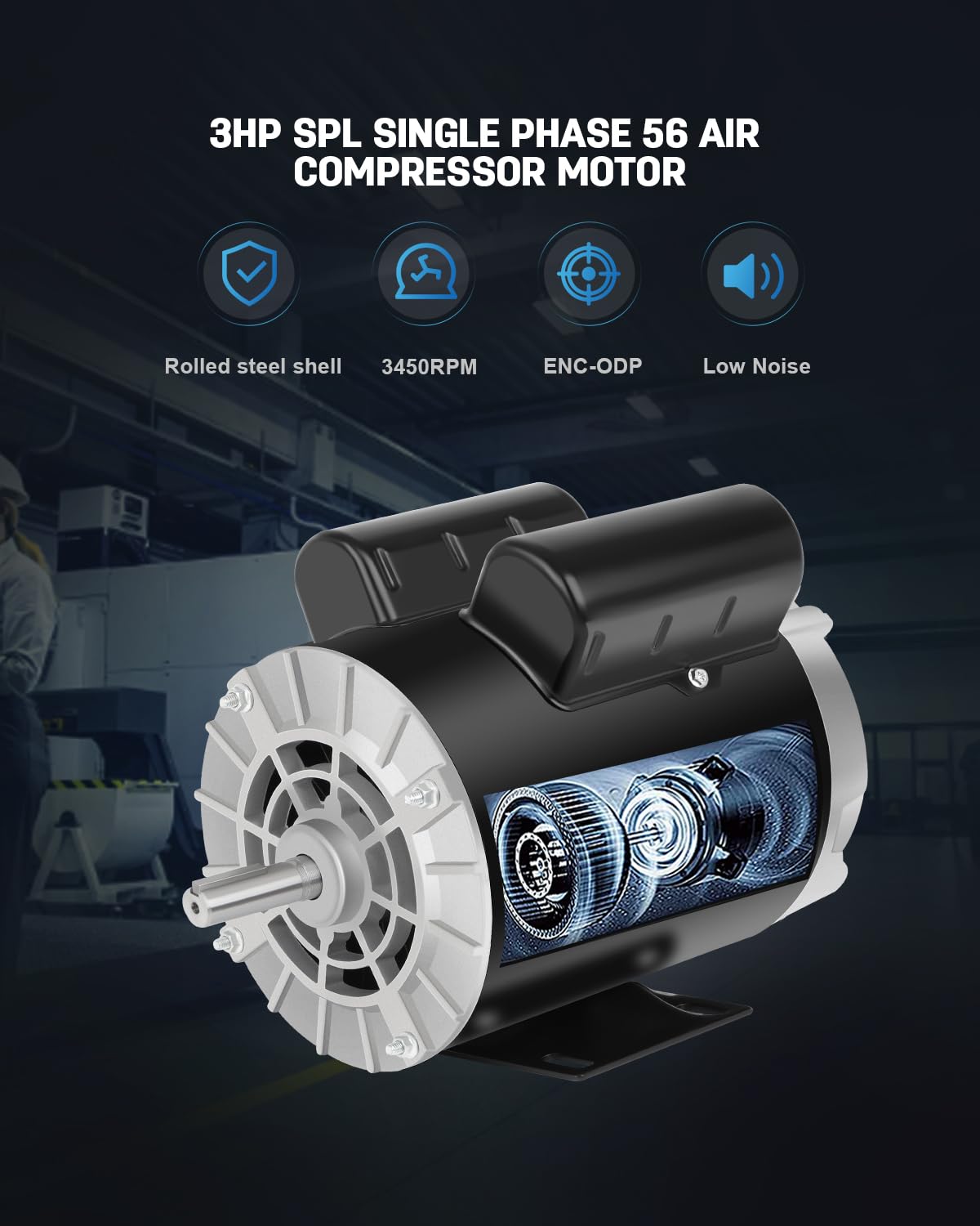 Air Compressor Electric Motor, 3HP SPL 3450 RPM, 115/230V Single Phase, 56 Frame 5/8 Keyed Shaft 60 Hz, Commercial-Duty CCW Rotation, 1.88 Shaft Length for Air Compressors