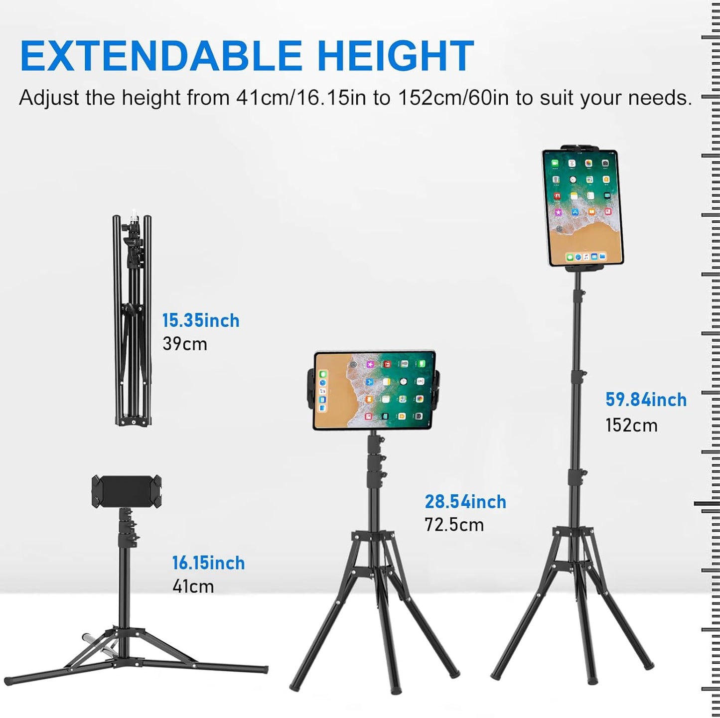 JUBOR 63" 360 4.7" 13.5" iPad Tripod Stand, Height Adjustable Tripod for Tablet, Rotation Tablet Floor Stand Mount
