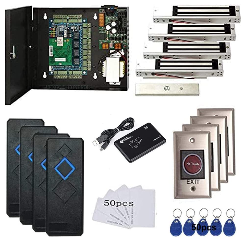 MENGQI-CONTROL 4 Door Access Control System 600lbs Magnetic Lock Access Control Panel 110V Power Supply Box RFID Reader NoTouch Exit Button Enroll USB Reader Card Key Fob Phone APP Remotely Open Lock