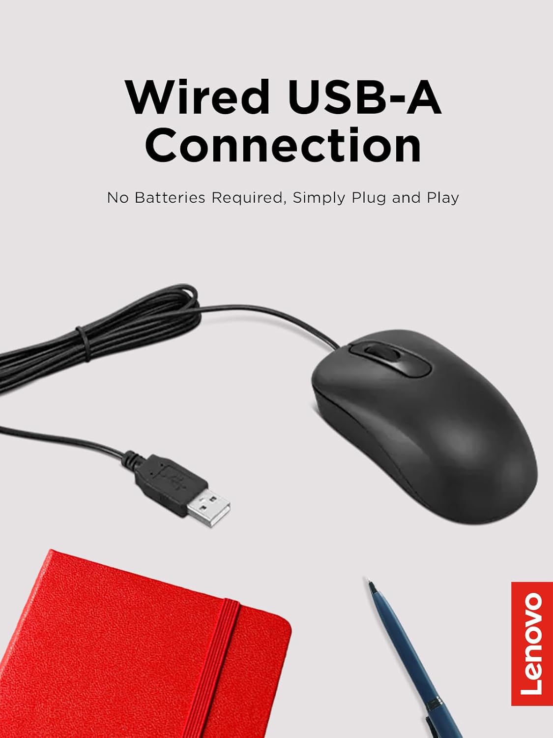 Lenovo 100 3 Wired USB Computer Mouse for PC, Laptop, Computer with Windows - Full-Size - Ambidextrous Design - Buttons