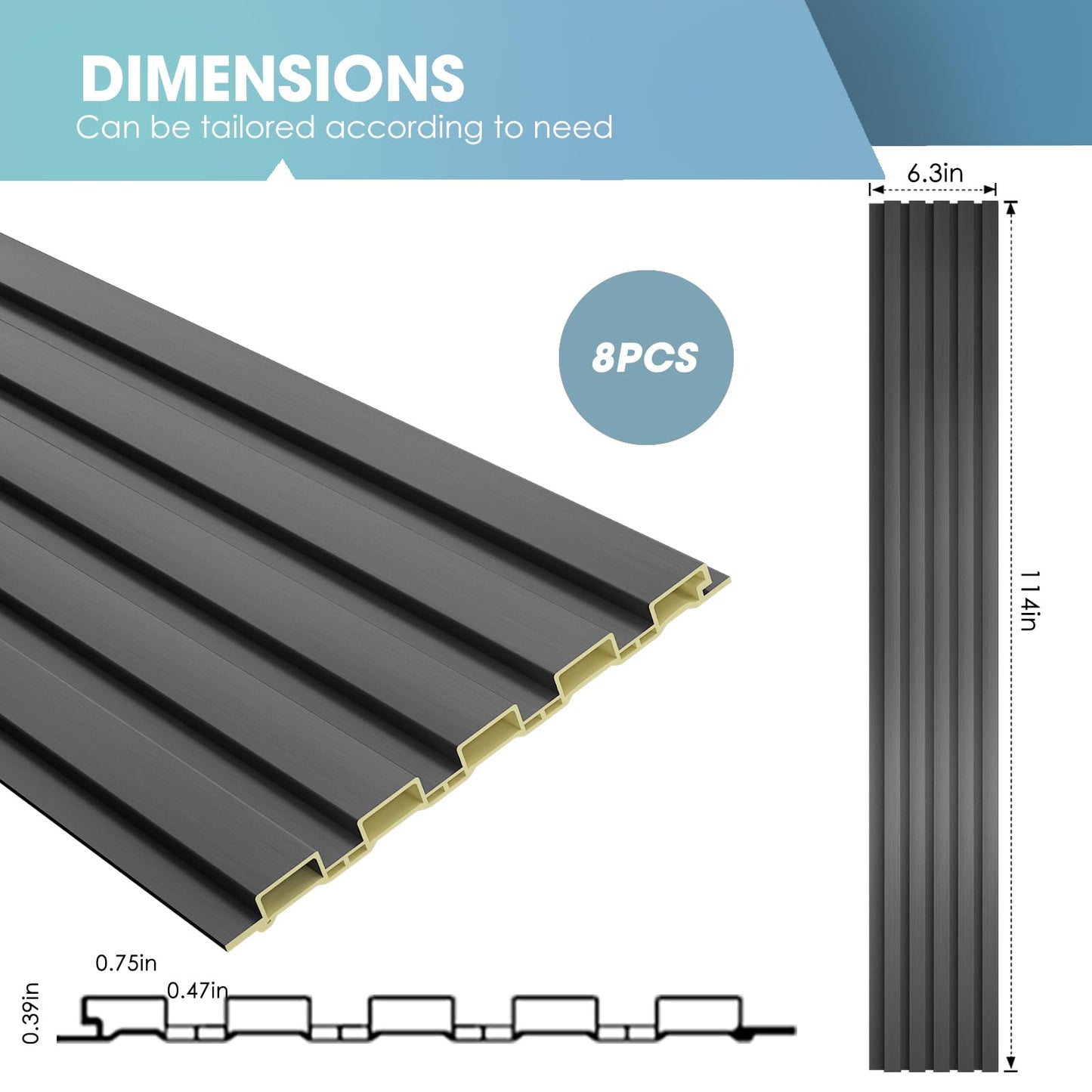 OUZUGIE WPC Acoustic Slat Wall Paneling, 8-Pack 114 x 6 Inches 3D Wall Panels for Interior Wall Decor,Living Room,TV Background,Study Room,Office Spaces,Bedroom,Low Grille (Metallic Dark Gray)