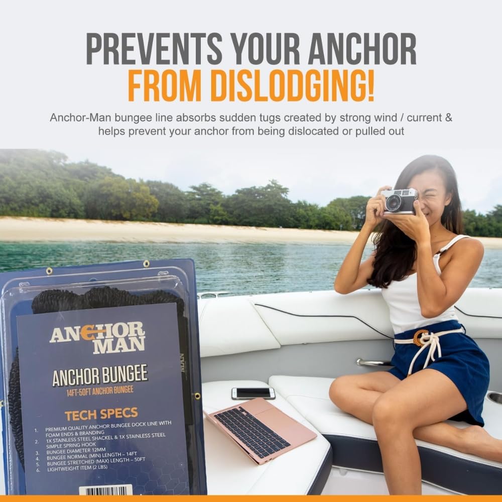 Anchor-Man Boat Bungee Dock Lines 7ft-22ft Heavy-Duty Bungee Anchor Line with 316 Stainless Steel Clips High-Elasticity Bungee Rope for Boat, Jet Ski, & Kayak