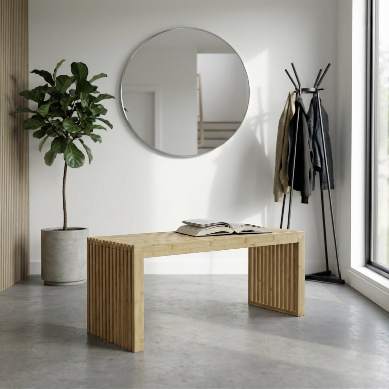 Bamboo Natural 36 inch Wooden Bench, Small Wood Benches for Entryway, Living & Dining Room, Kitchen, Bedroom, Bathroom, Hallway, Front Door, For Indoor & Outdoor Patio Use, Mid Century Modern Decor