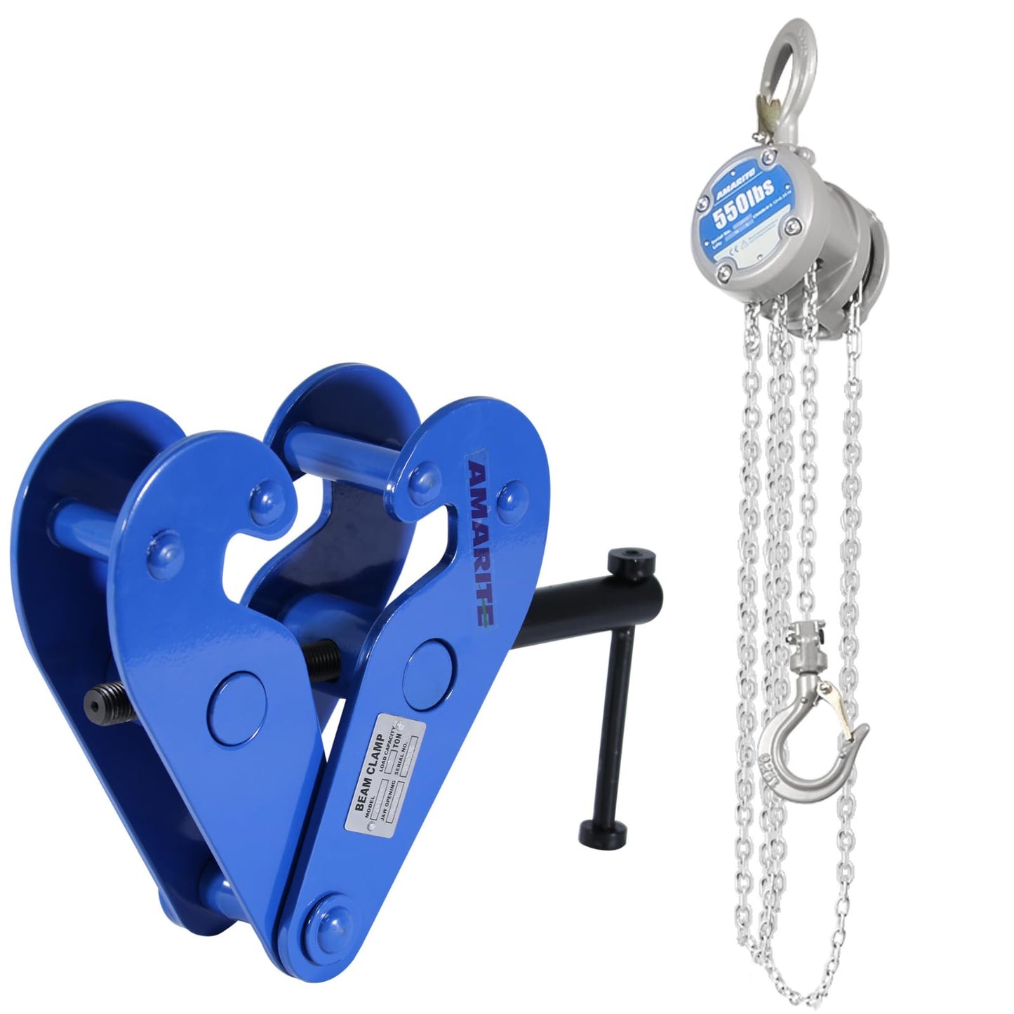 2 Pack AMARITE 1/4 Ton Compact Small Chain Hoist 550lbs Capacity Low-Profile Design with Dual Brakes & Vertical Beam Clamp 2200lbs (1 Ton) Working Load Limit