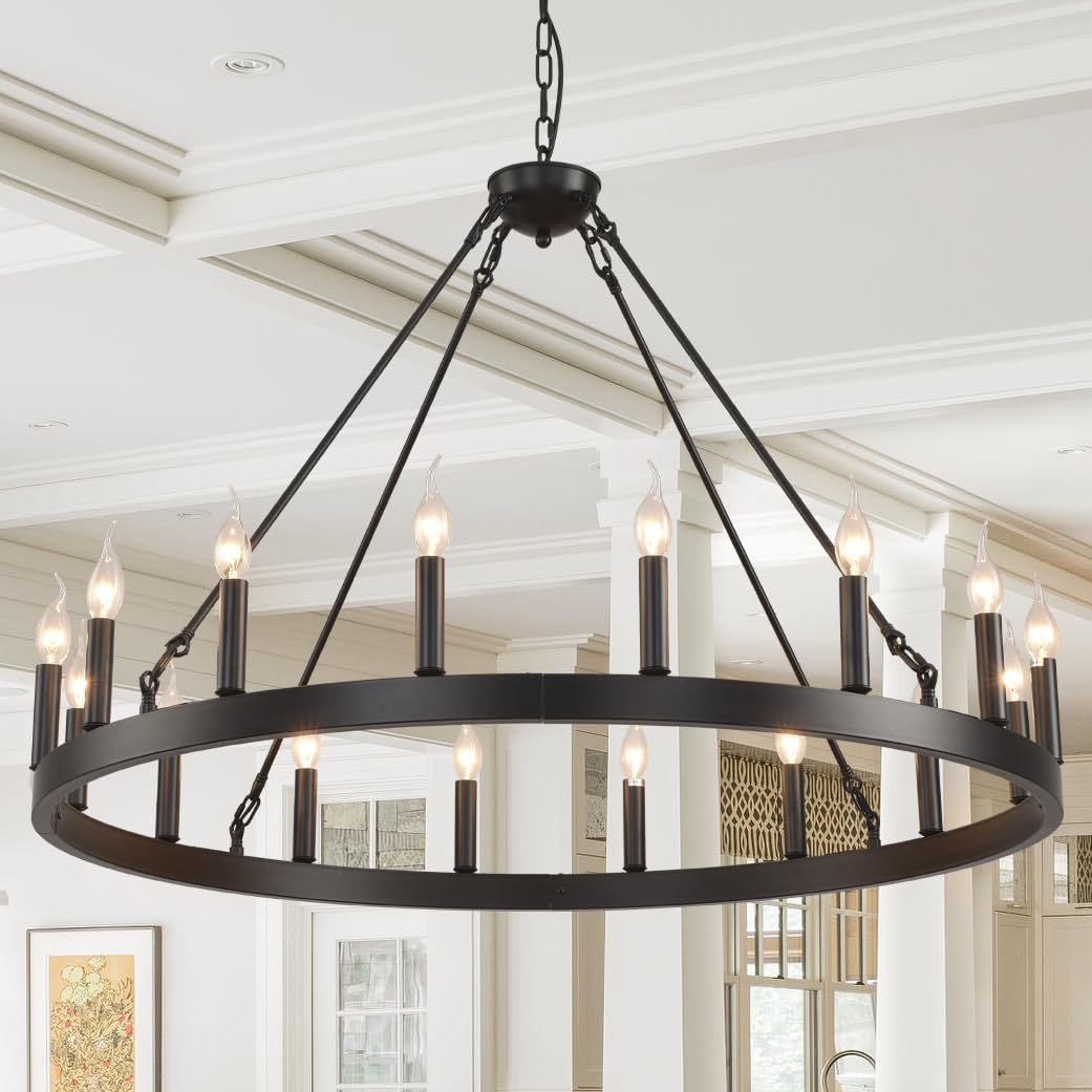 VIZBMYR Black Wagon Wheel Chandelier Farmhouse,Round Rustic Wagon Wheel Light Fixture for Dining Room,16-Light 40" Large Industrial Wagon Wheel Light for Living Room Foyer(Black 40 Inch 16-Lights)