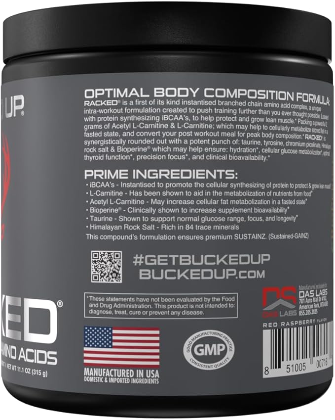 Bucked Up- BCAA RACKED??Branch Chained Amino Acids | L-Carnitine, Acetyl L-Carnitine, GBB | Post Workout Recovery, Protein Synthesis, Lean Muscle BCAAs That You Can Feel! 30 Servings (Blood Raz)