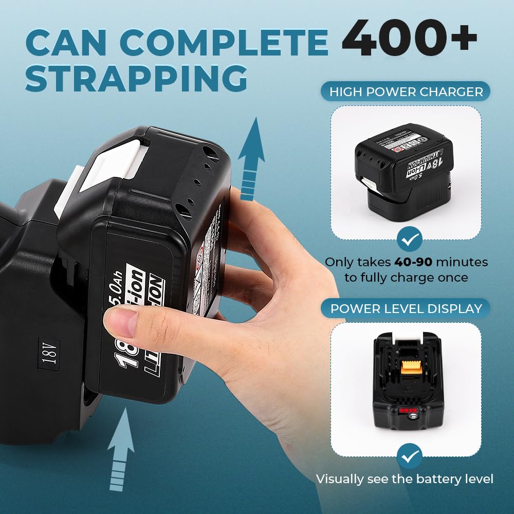 Flyrivergo 5000mAh Electric Strapping Machine - 2×Rechargeable Batteries with Display Screen, Industrial Automatic Banding Tool for 0.35-0.63'' Width Straps, Easy to Use for Warehouse Packaging