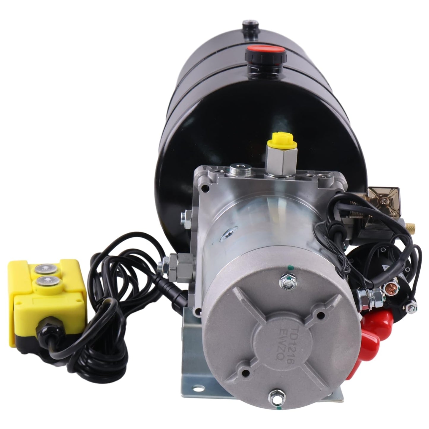 Solarhome 12V DC Single Acting Hydraulic Power Unit 1.6KW 2600PSI 1.1GPM Steel Tank 12 Quart(3 Gal) with Remote Control 8Ft Long Flange with 4 Holes Through SAE 8 Ports