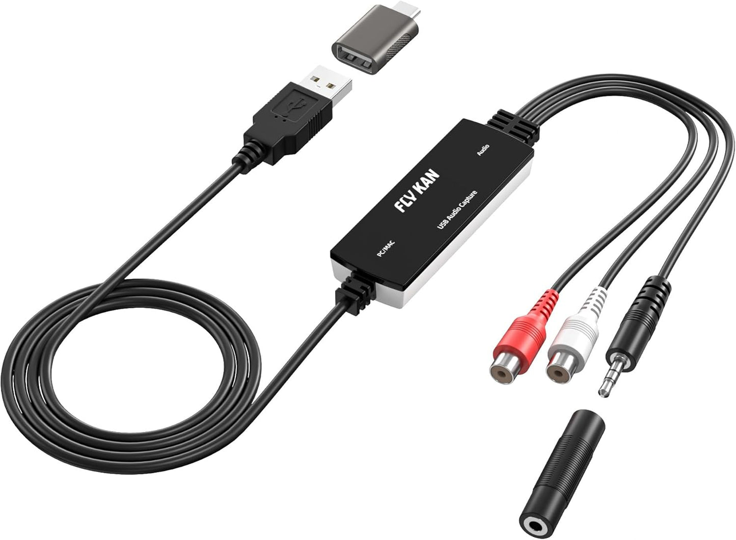 Fly Kan 2.0 RCA/3.5mm Vinyl/Cassette MP3 USB Audio Grabber with USB-C Adapter Analog to Digital Converter, Dual Inputs