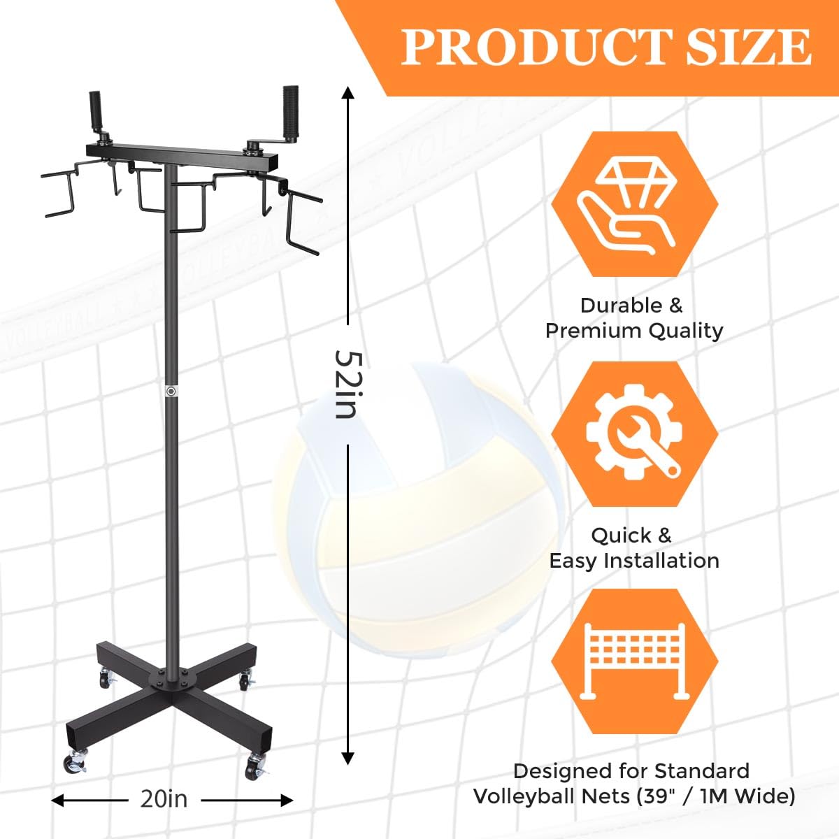 Ecliptica Heavy Duty Movable Volleyball Net Storage Rack with Lockable Wheels - Holds 2 Standard Nets, Durable Volleyball Equipment Storage Net Rack for Gym, School, or Training Minimal Floor Space