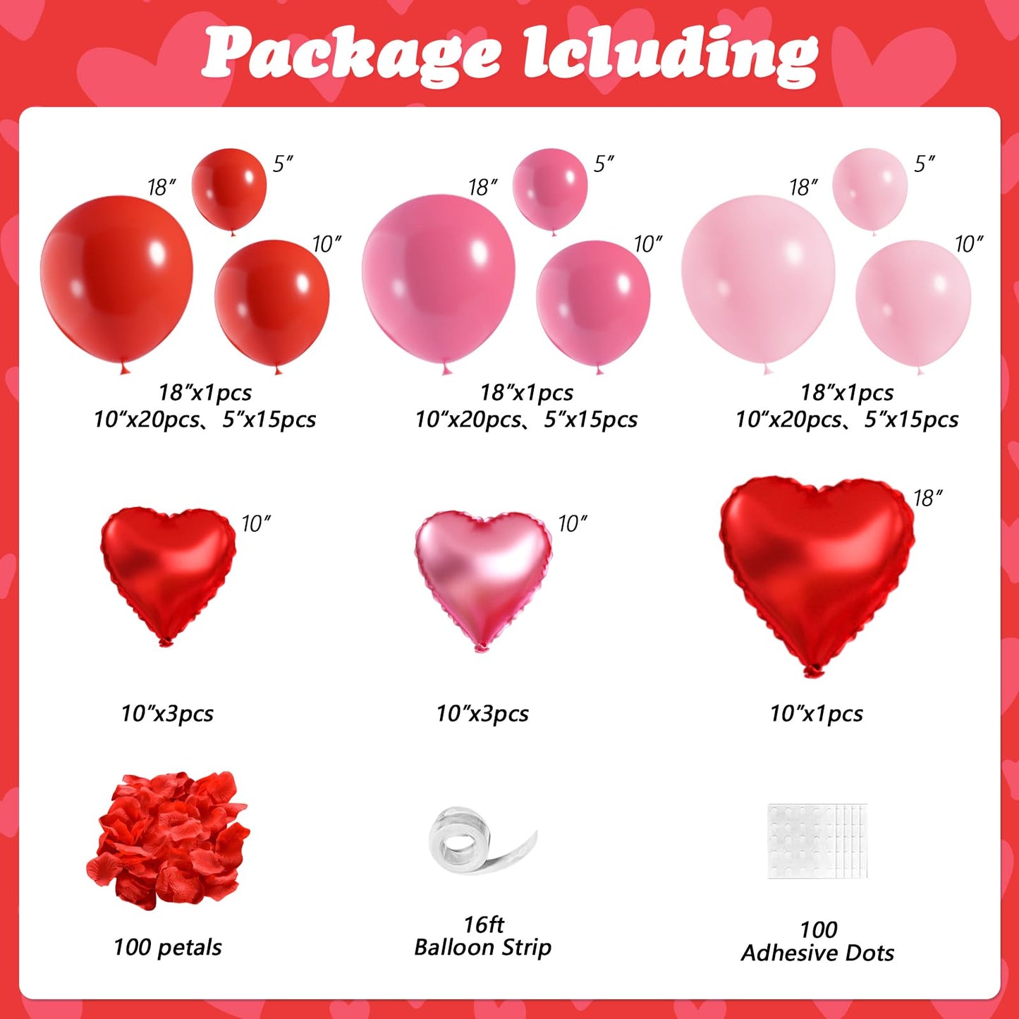 Valentines Day Balloon Arch Kit, Valentine Pink Red Heart Balloons with Rose Petals for Bachelorette Bridal Wedding Memorial Engagement Birthday Galentines Romantic Valentines Party Decorations