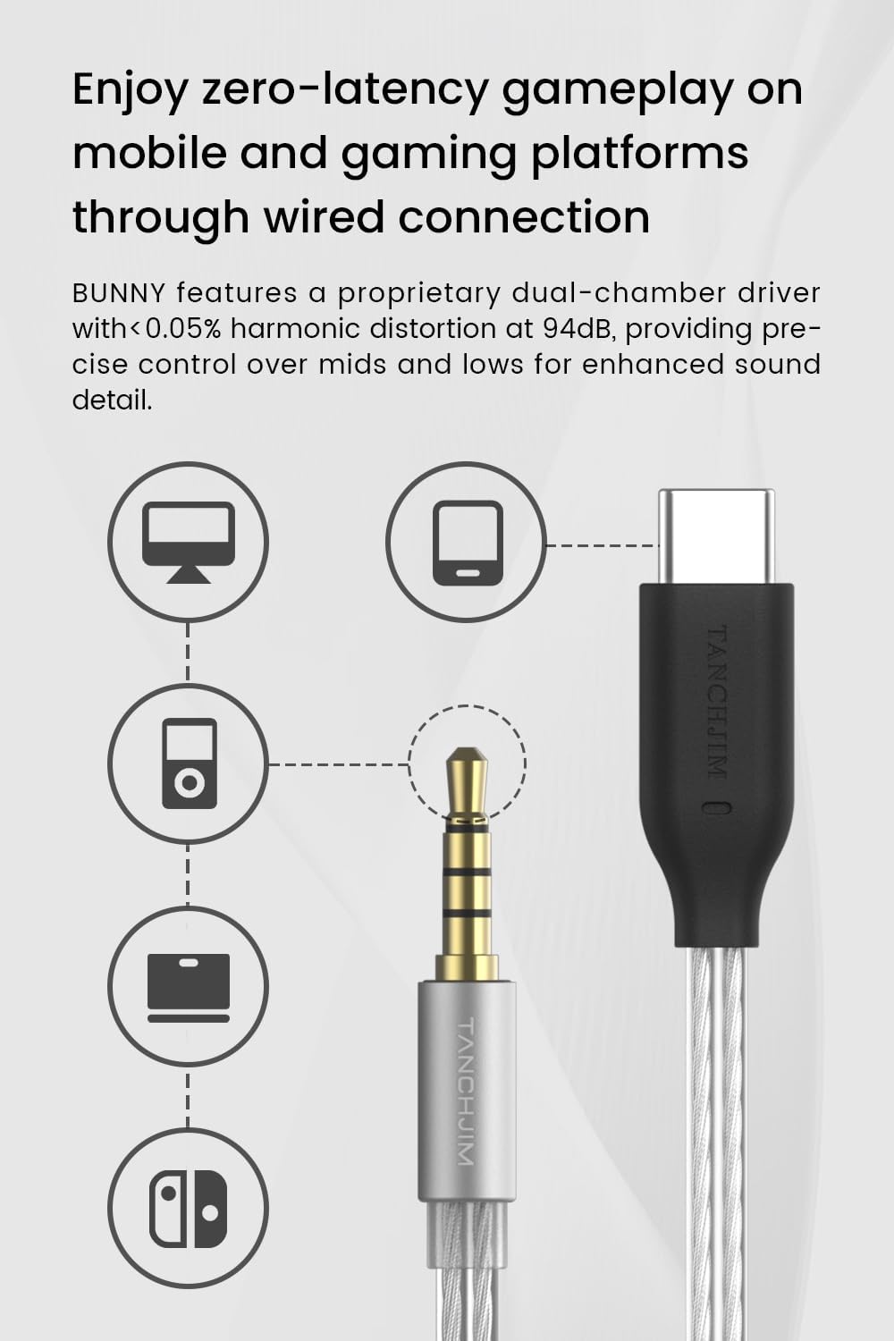 1DD 0.78 2pin Bunny Gaming Earphones with Single Dynamic Dual-Chamber Driver, Wired Earbuds IEM, Monitor with Bass Boot