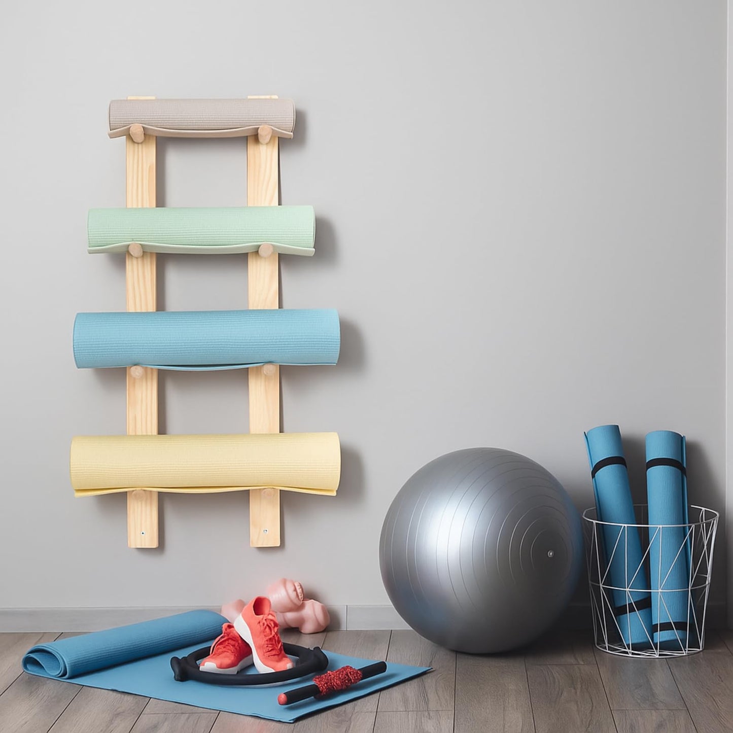 Cinnvoice 1 Pair Yoga Mat Holder Wall Mount Wooden Yoga Mat Storage Racks for Foam Roller & Fitness Accessories 4 Layer 28.7" X7" X2", Accommodating 4 Mats Save Space & Home Gym Organize