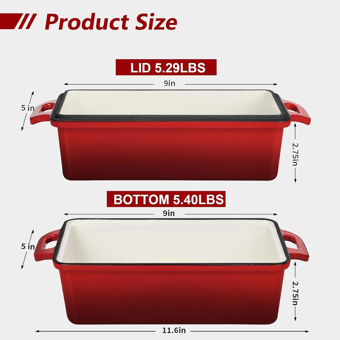 Wildone Enameled Cast Iron Bread Loaf Pan - 9x5 Sourdough Baking Set with Lid, Red, Even Heating