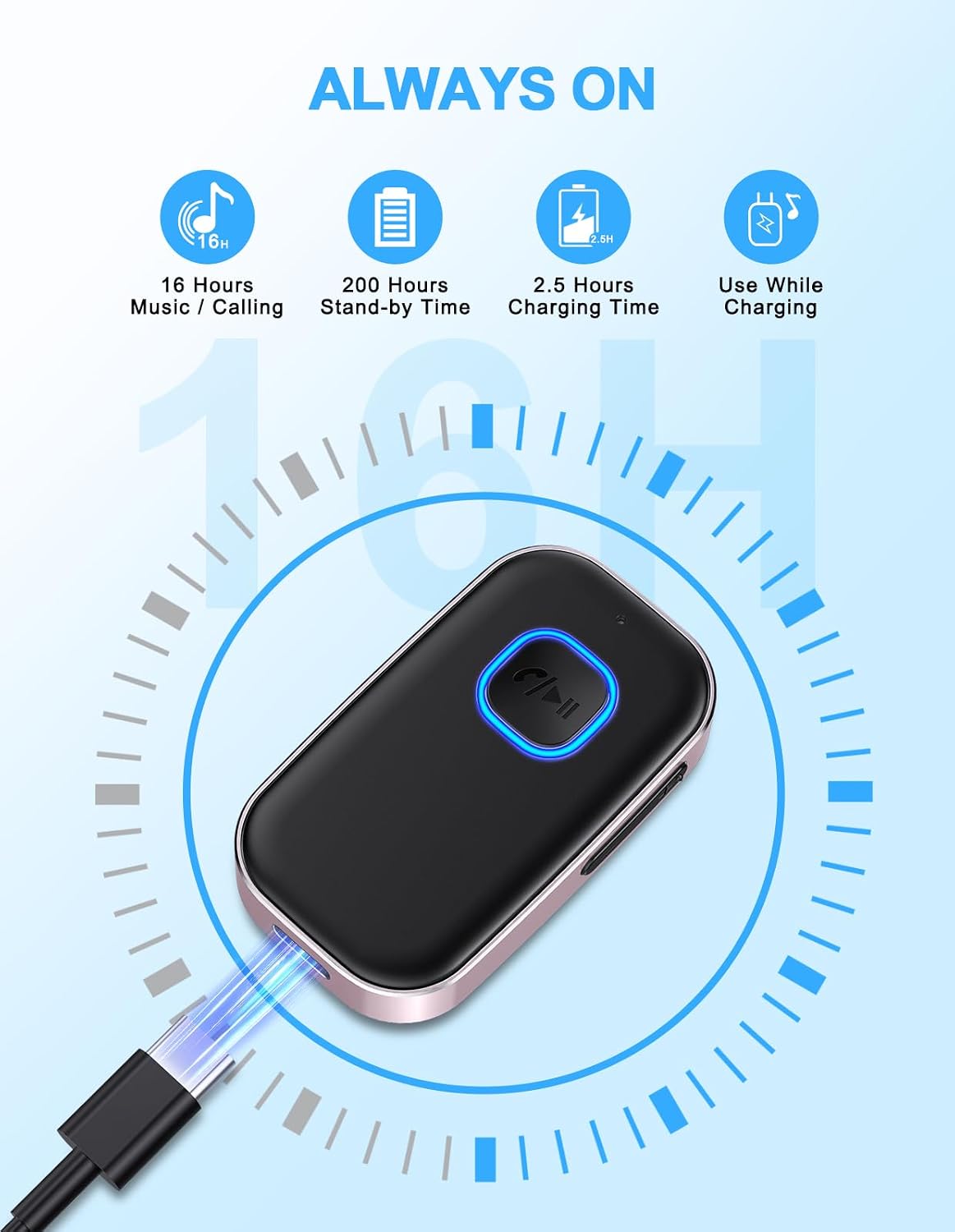 COMSOON 16H Bluetooth AUX Adapter for Car, Noise Reduction Bluetooth Receiver for Music/Hands-Free Calls, Wireless