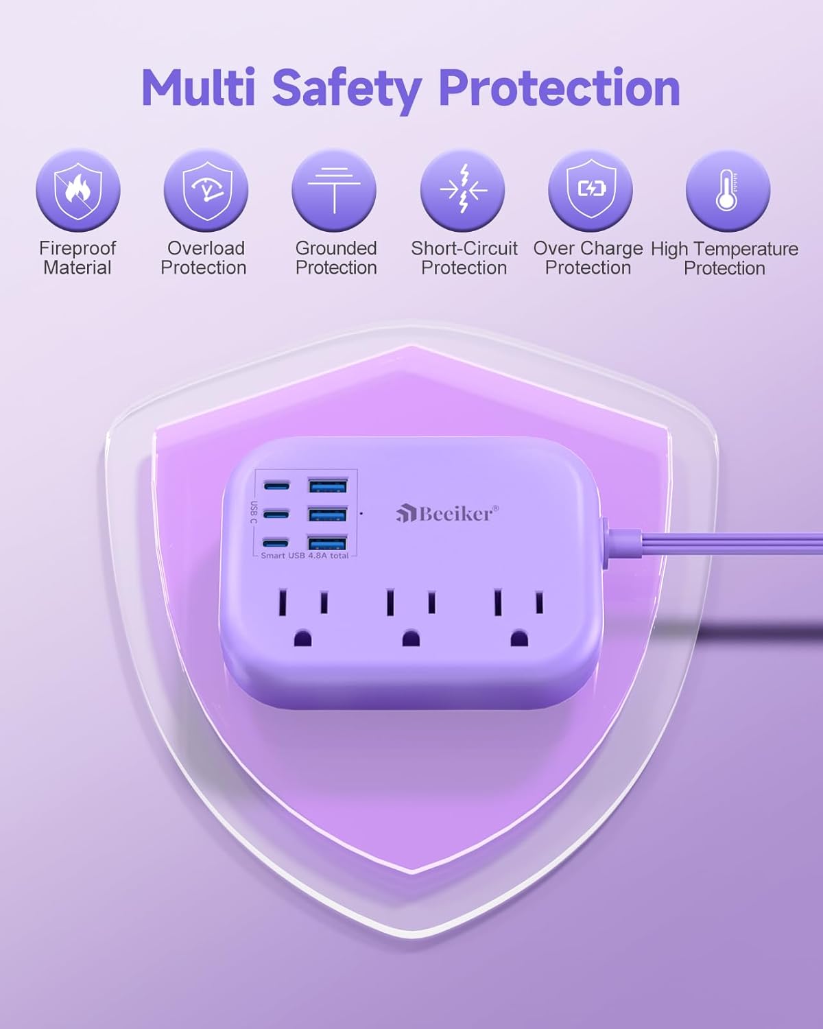 Beeiker 6 USB(3 5Ft 24W 3 USB C) Purple Travel Power Strip- Purple Extension Cord with USB Charging Station
