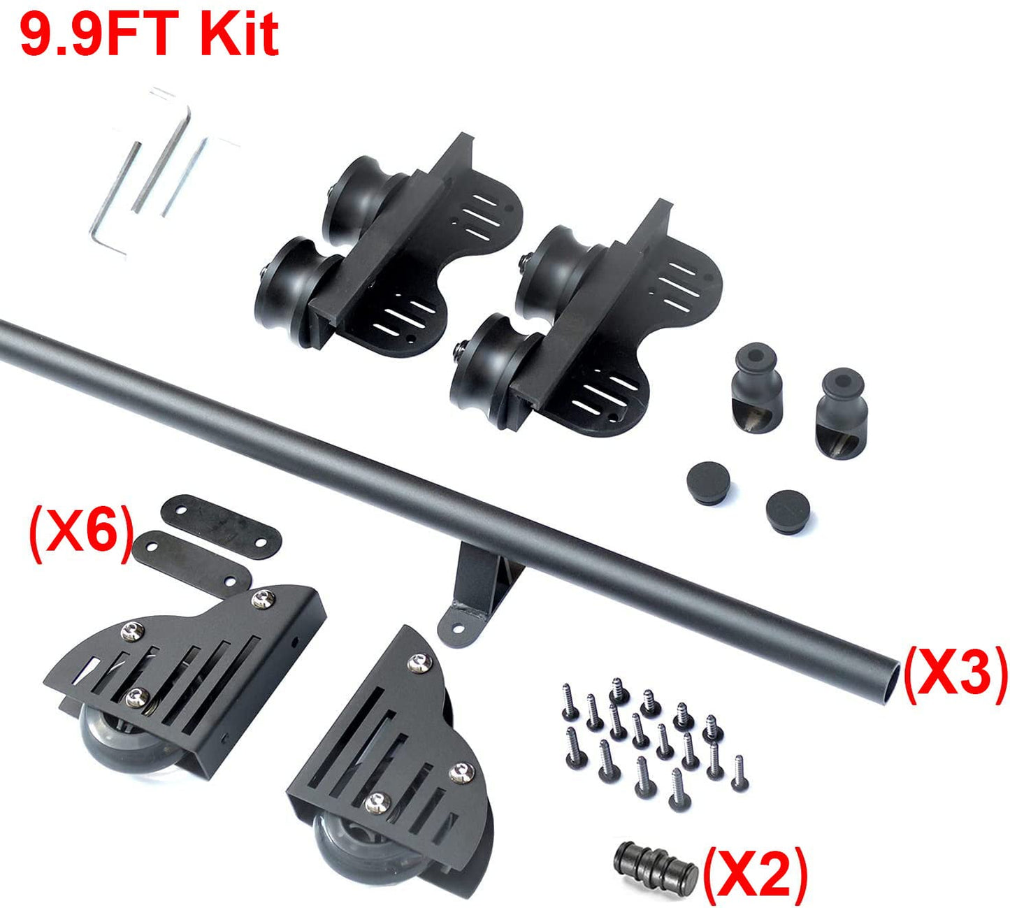 DIYHD 9.9FT Sliding Library Ladder Black Track Kit,Stand Up Tensible Rolling Hardware,Brake Bottom Wheels