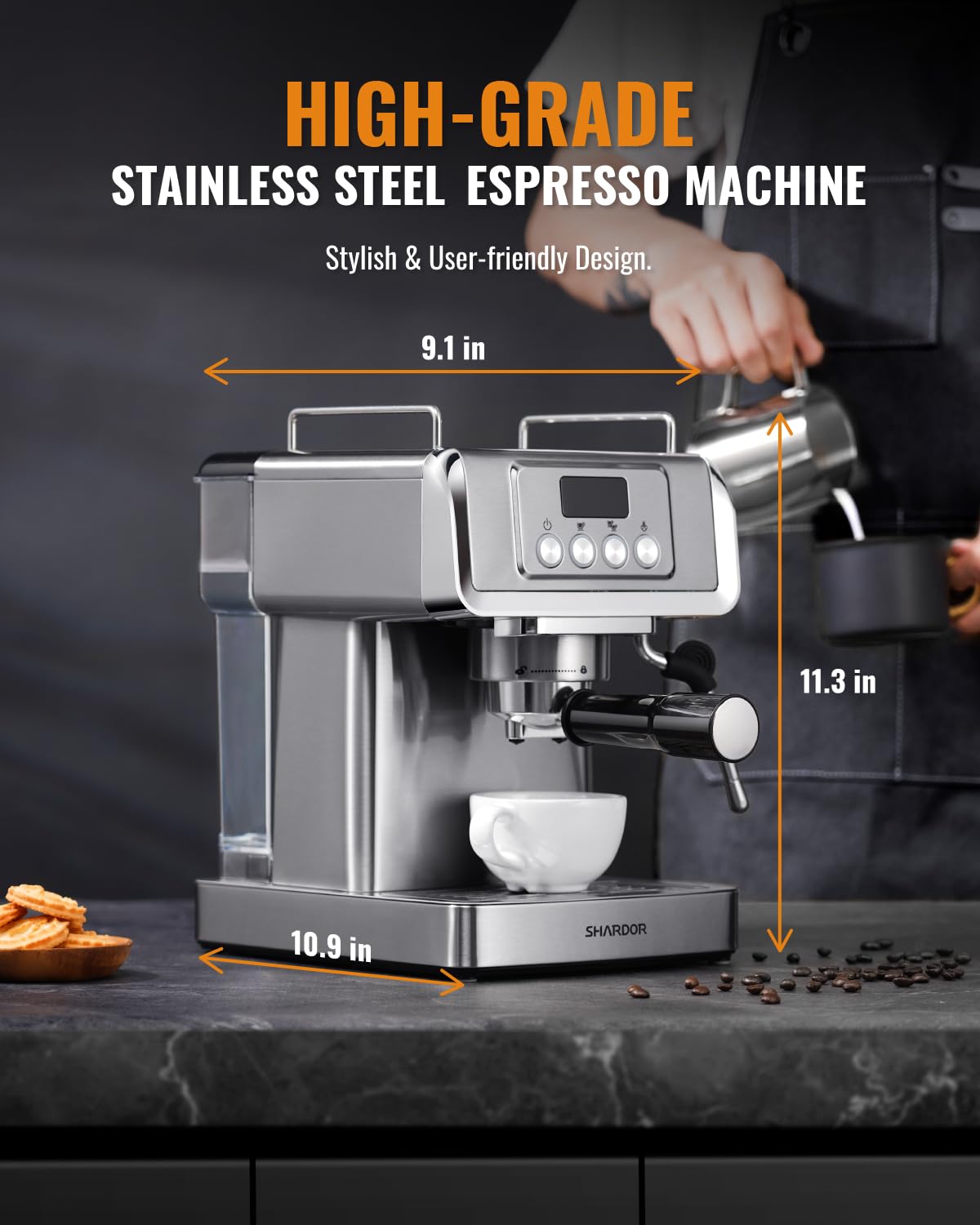 SHARDOR 20-Bar Espresso Machine for Home Barista, Espresso Coffee Maker with Temp Display, Built-In Steam Wand for Latte & Cappuccino, Stainless Steel, 1350W, 60oz Water Reservoir