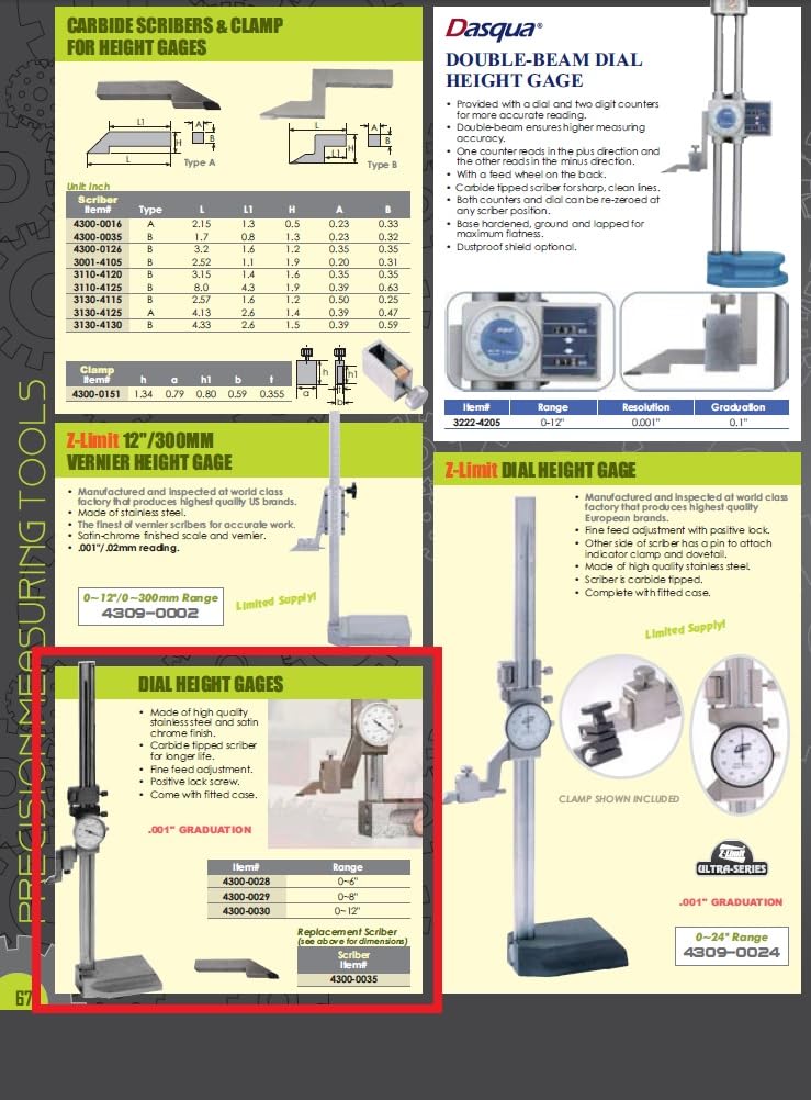 HHIP 4300-0028 Stainless Steel Dial Height Gage, 0 - 6" Size
