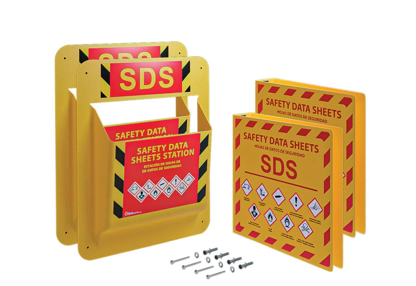 Yellow Safety Inc., 2-Pack, MSDS SDS Binder and Wall Station - 2024 Requirements Heavy Duty 3 Inch, 3 Ring Safety Data Sheet SDS Binder and Wall Mounted MSDS Binder Holder, Includes Mounting Hardware