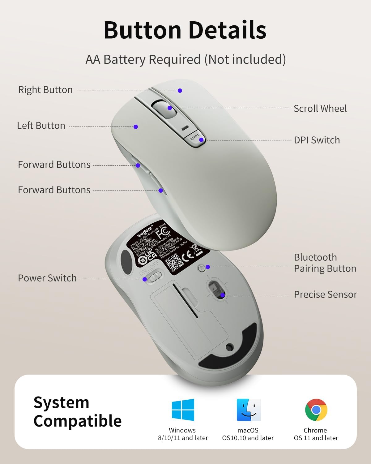 wegear WL300 6 18-Month Bluetooth Mouse Silent Wireless Mice, Quiet Click, Cordless Computer Mouse with Buttons