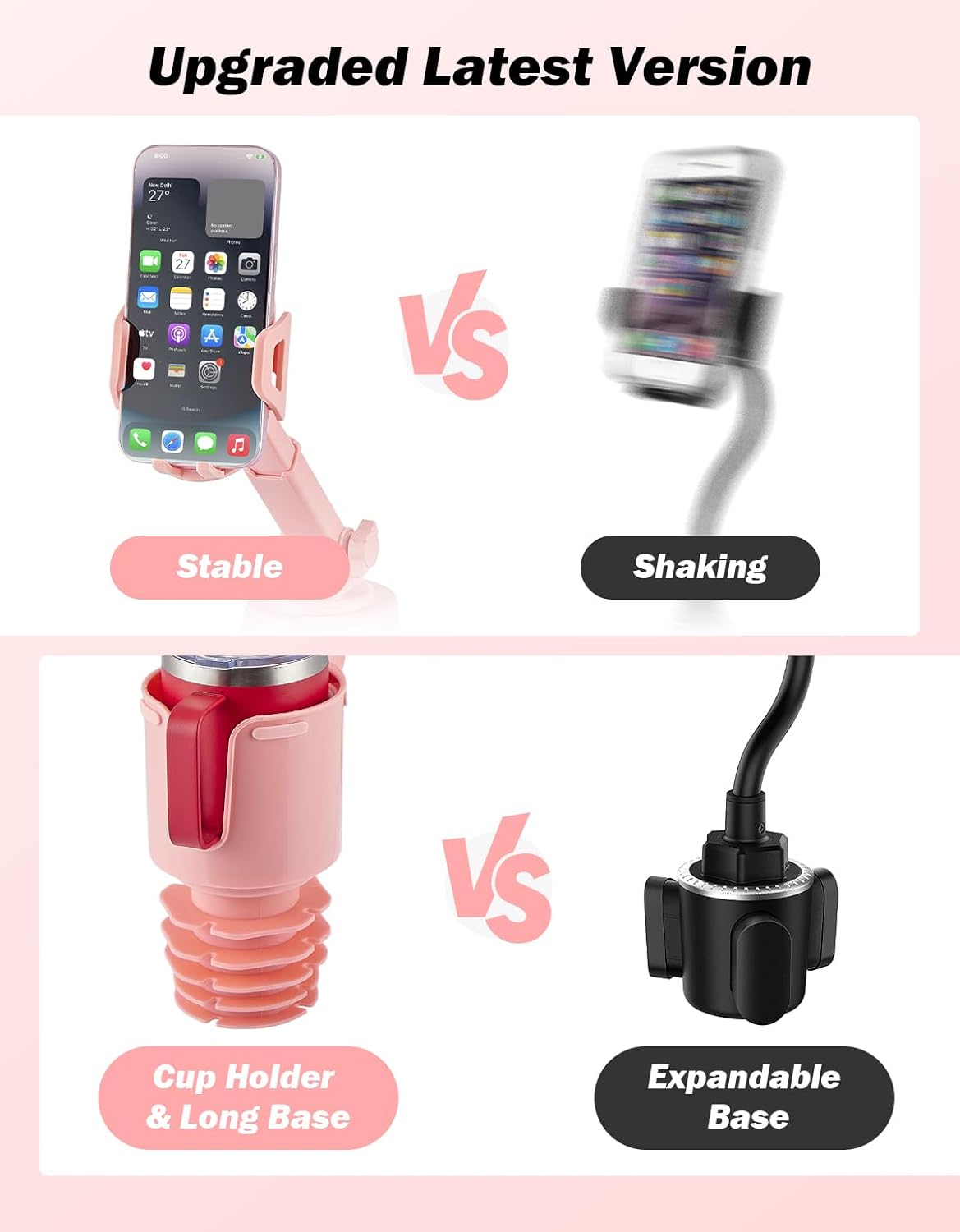 360 Smartphones,Pink,1 Pack JOYTUTUS Cup Holder Phone Mount for Car, Car Cellphone Large Adapter Long Arm with Degree