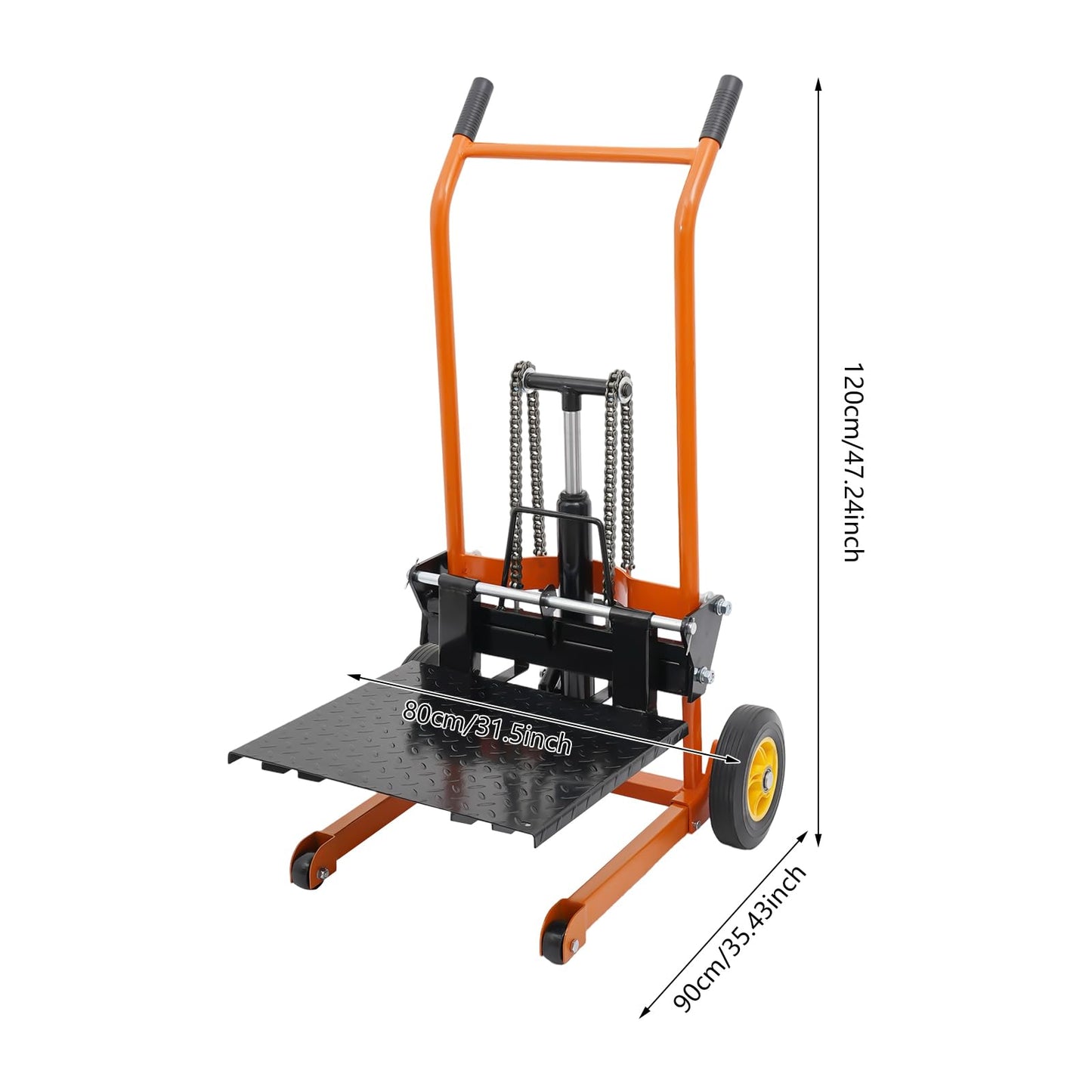 BRICZUNA Hydraulic Material Lift Pallet Truck Dolly Adjustable Forklift Stacker Pallet Jack Hydraulic Material Lift Winch Stacker for Workshops & Warehouses, Tangerine (35.43" H, Max. Load 577 Lbs)