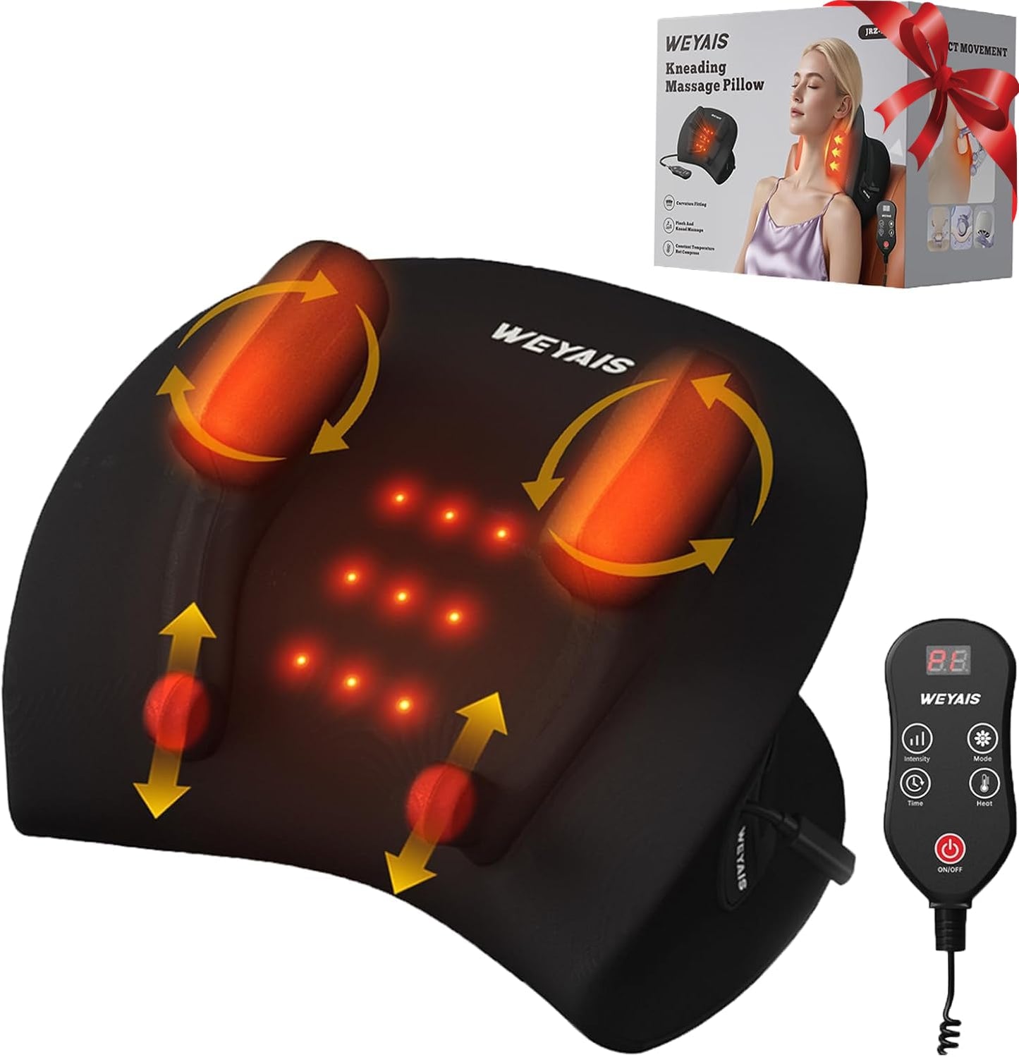 weyais Neck Massager Pillow, Neck and Shoulder Relaxer with Heat, 3 Modes and Strengths, Neck Massager for Pain Relief Deep Tissue, Remote Control, Gifts for Mom Dad Friends, Black