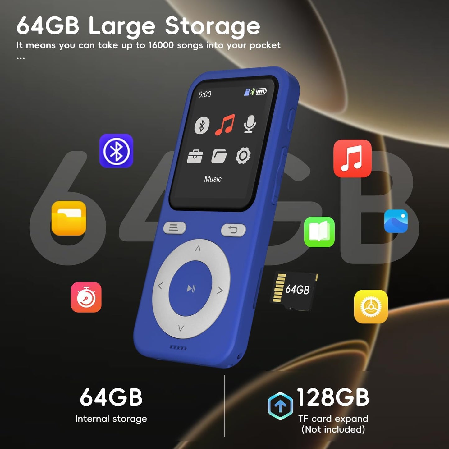 wiwoo 64GB MP3 MP3 128GB(Earbuds Player with Bluetooth,Bluetooth Portable HiFi Lossless Sound Player with Speaker,Voice