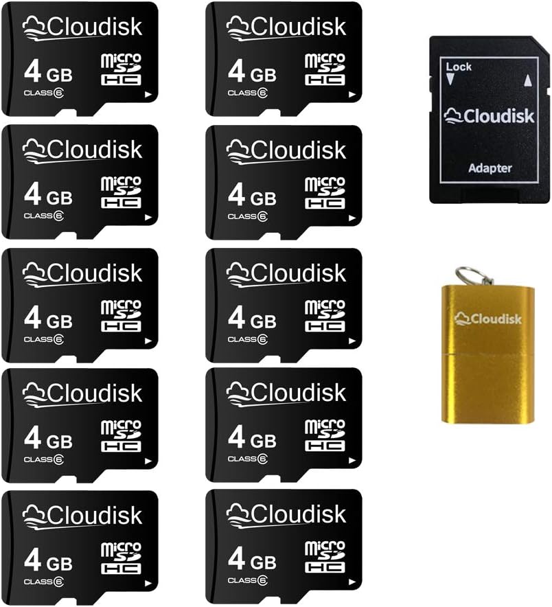 Cloudisk Pack 10 4GB C6 (4GB) of Micro SD Card Flash Memory Card Micro SDHC with SD Adapter, Card Reader