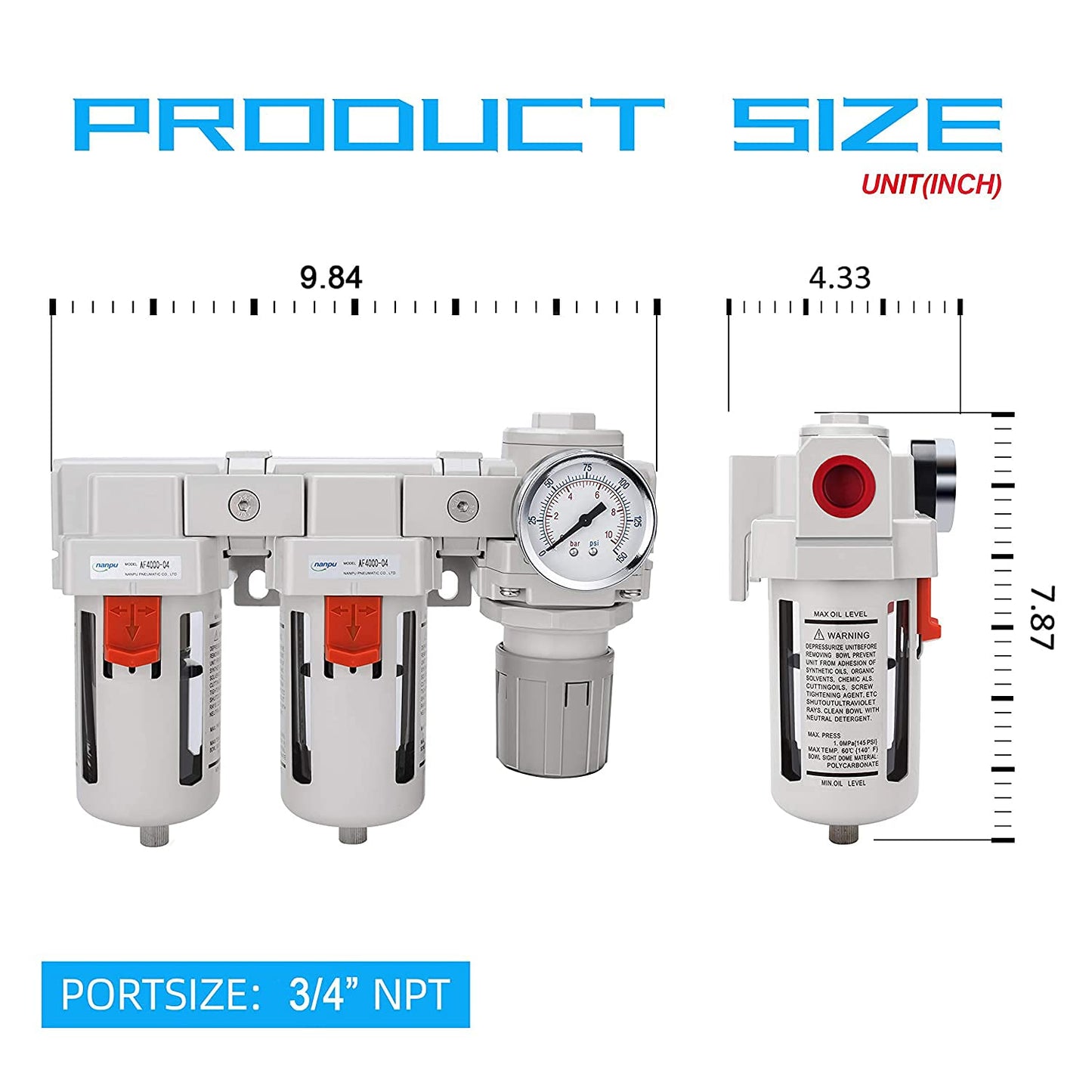 NANPU 3/4" NPT Air Drying System - Double Air Filters, Air Pressure Regulator Combo - Semi-Auto Drain, Poly Bowl