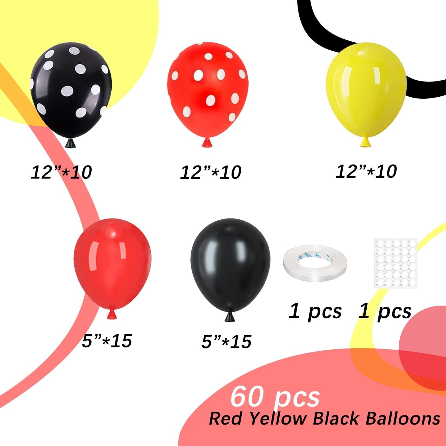 Skiennix 12-Inch Polka Dot Latex Balloons - 60pcs Red, Yellow & Black for Birthday & Baby Shower Decor